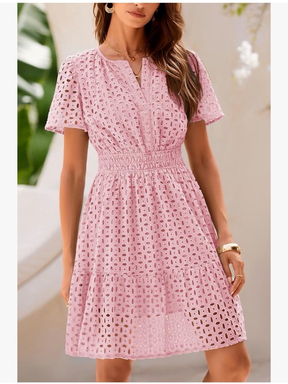 PRETTYGARDEN V Neck Short Sleeve A Line Hollow Out Lace Dress - Picture 4 of 13